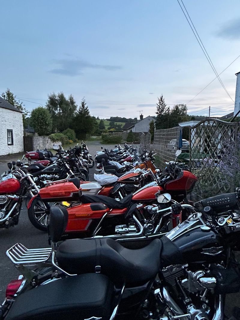 A row of Harley-Davidsons in the car park on a summer evening