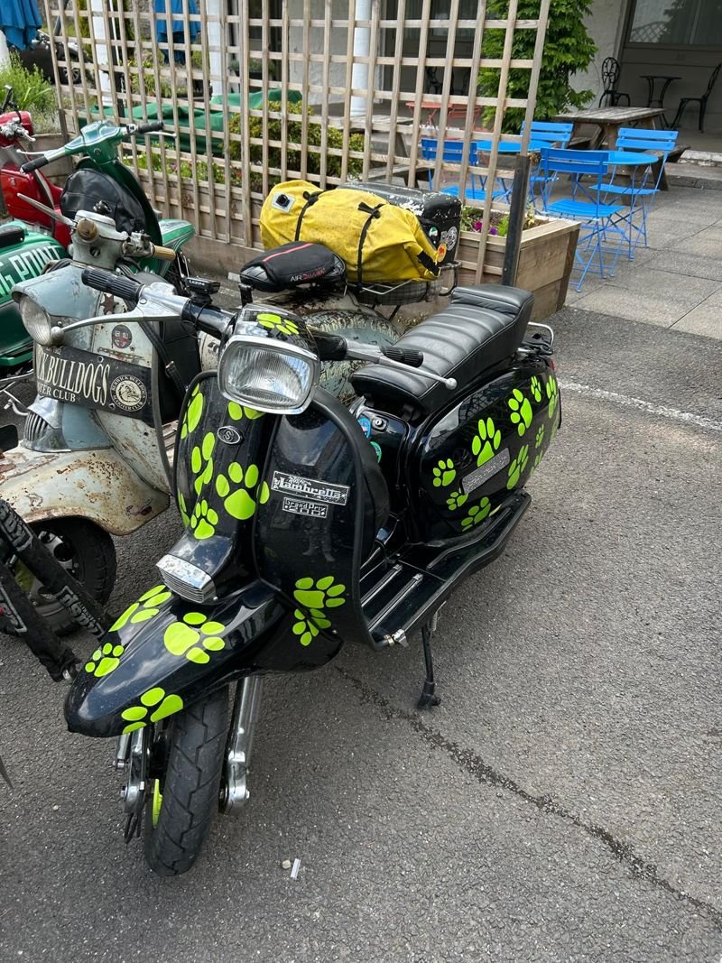 A black Lambretta scooter painted with green paw prints, by the courtyard