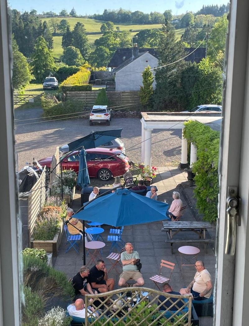 The courtyard from an upstairs window, the Moffat hills behind