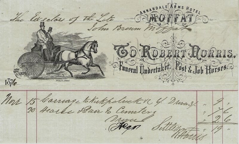 A handwritten receipt from 1876 for funeral services from Robert Norris of the Annandale Arms