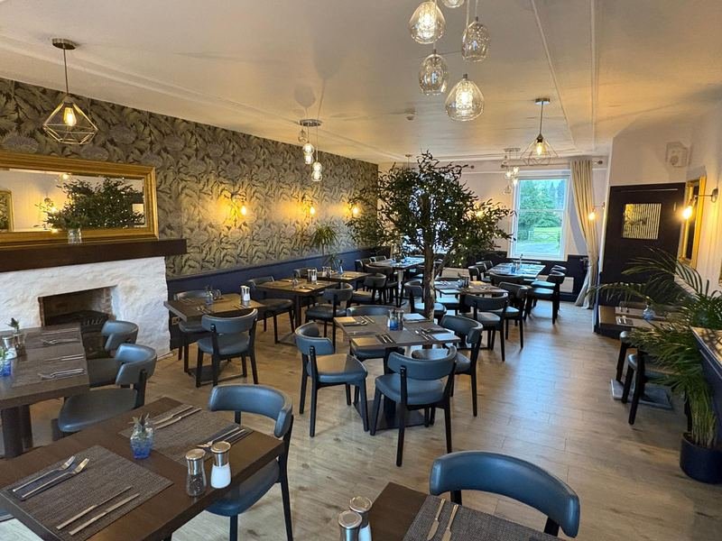 The restaurant now: thistle wallpaper, blue and French grey, tables laid